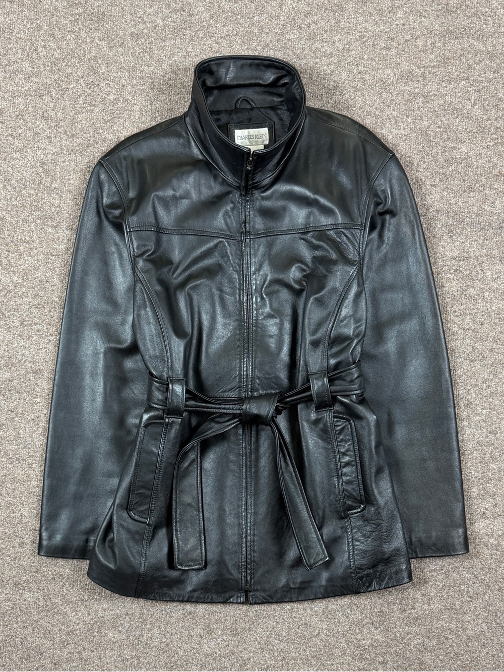 Charles Klein Black Leather Full Zip Belted Jacket Women’s Large Funnel Neck
